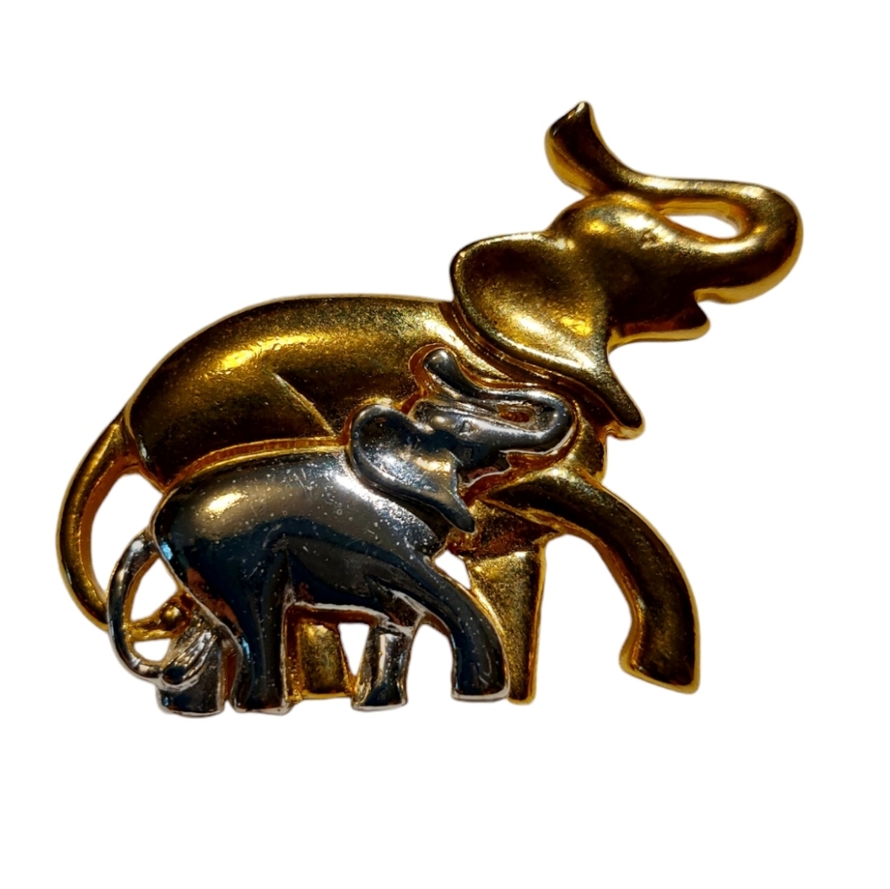 Vintage Elephant Brooch Pin Silver Gold Tone Metal Lucky Mother & Baby Pin EUC